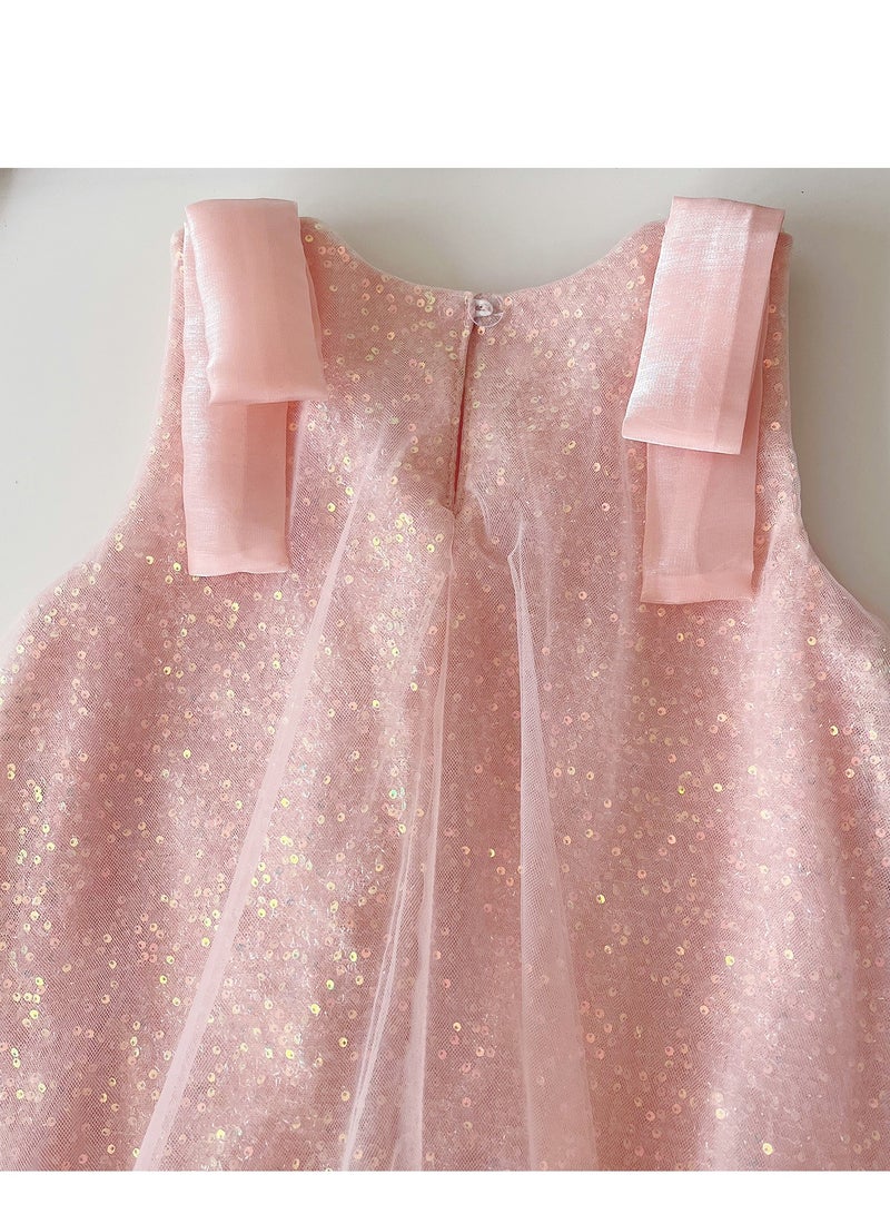 Girl's Sequined Mesh Vest Dress, Baby's Shiny Camisole Dress  - Image 2