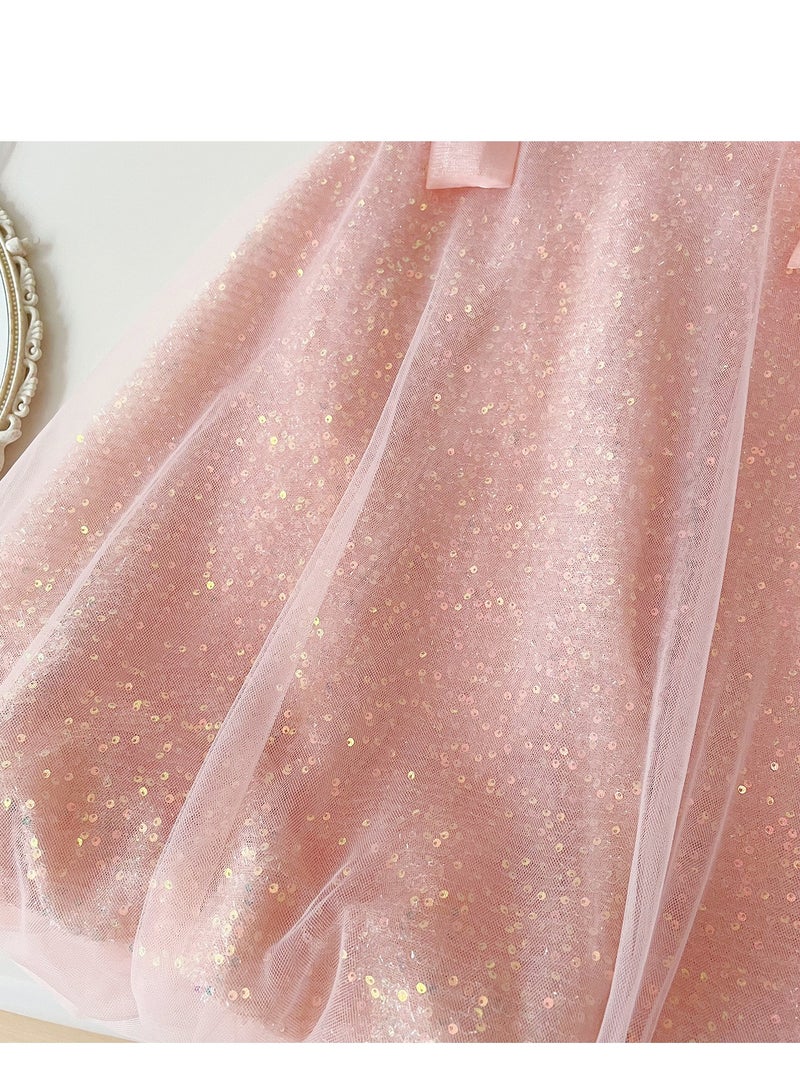 Girl's Sequined Mesh Vest Dress, Baby's Shiny Camisole Dress  - Image 3