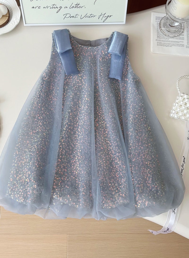Girl's Sequined Mesh Vest Dress, Baby's Shiny Camisole Dress  - Image 1