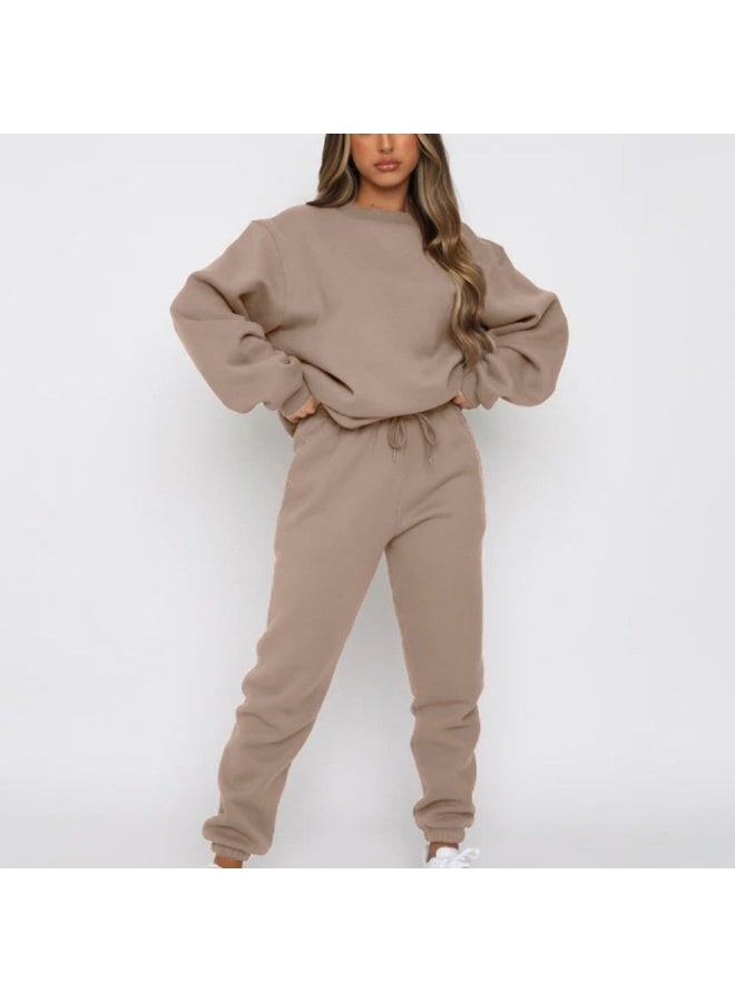 NIBEMINENT Spring And Autumn Solid-color Round-neck Pullover Long Pants For Women, Fashionable And Casual Long-sleeved Set - Image 1
