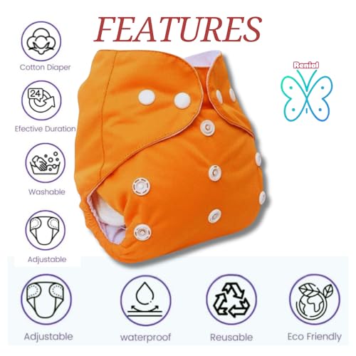 Renial reusable Cloth Diaper with Inserts – Adjustable Size for Babies 3 Months to 3 Years – Single Pack (ORANGE) - Image 3