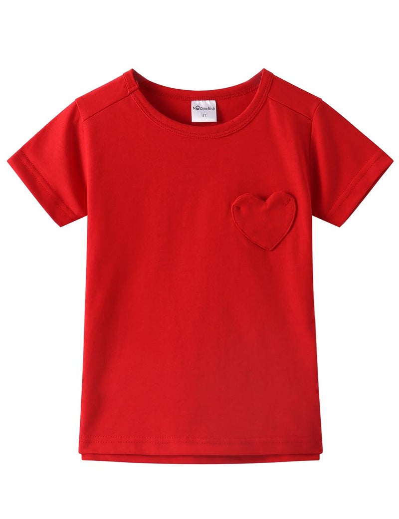 Noomelfish Girls Short Sleeve Heart Pocket T-Shirts Casual Cotton Tee Tops Blouse, Red, Size 7-8 Years - Image 2