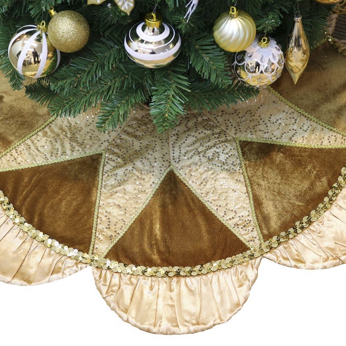CHRISTMAS TREE SKIRT FOR TREE DECORATIONS 48 INCH LUXURY SPARKING GOLD LARGE XMAS VELVET TREE SKIRT WITH STARSHAPED SEQUINS PATTERN RUFFLE TRIM FOR CHRITMAS DECOR
