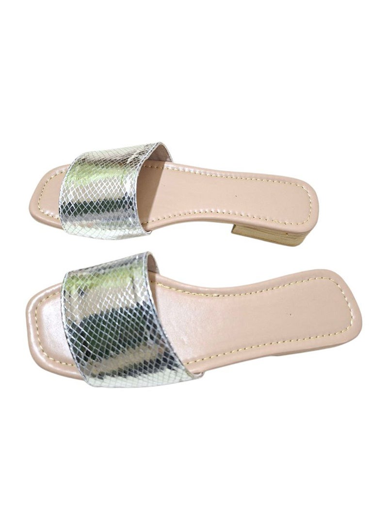 Karisma Simple Strap Flat Squared Toe Slippers With Snake Print Material - Image 2