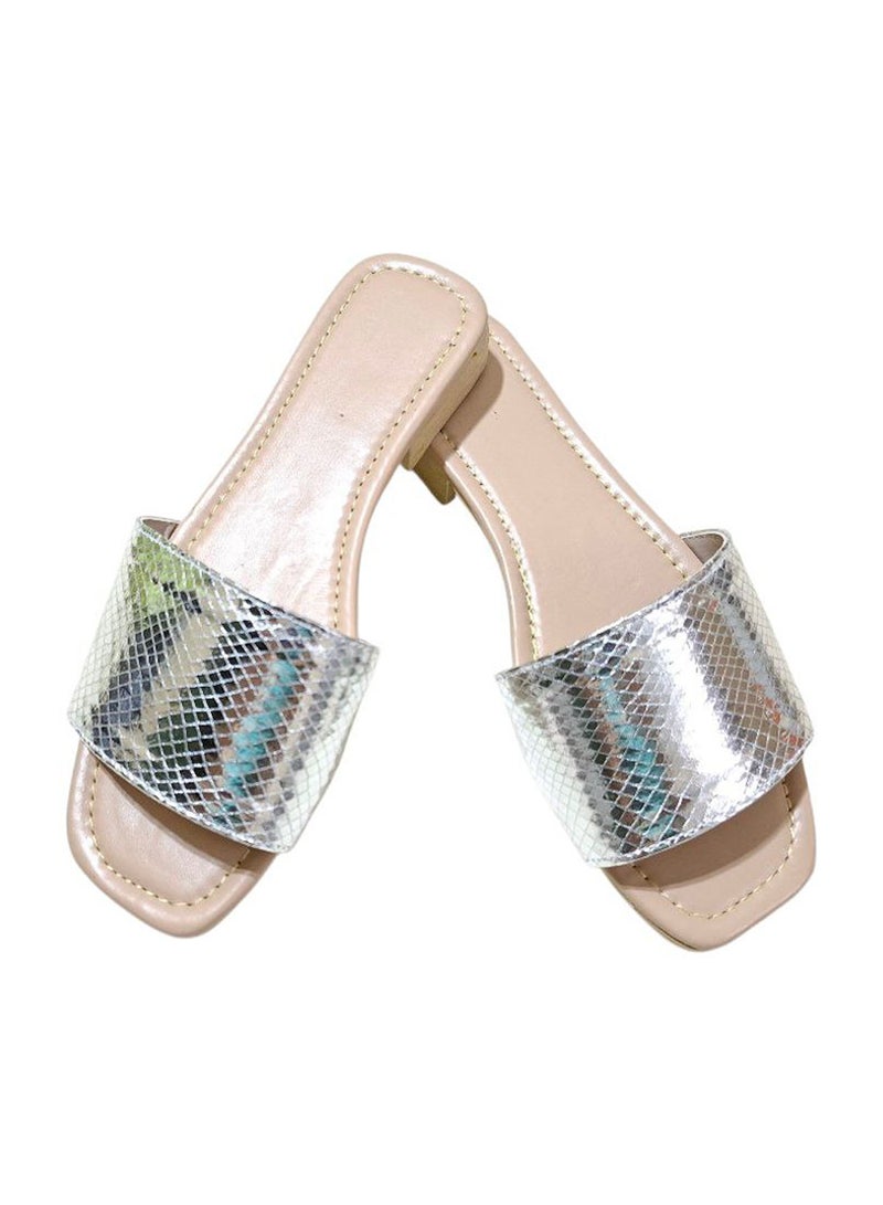 Karisma Simple Strap Flat Squared Toe Slippers With Snake Print Material - Image 1