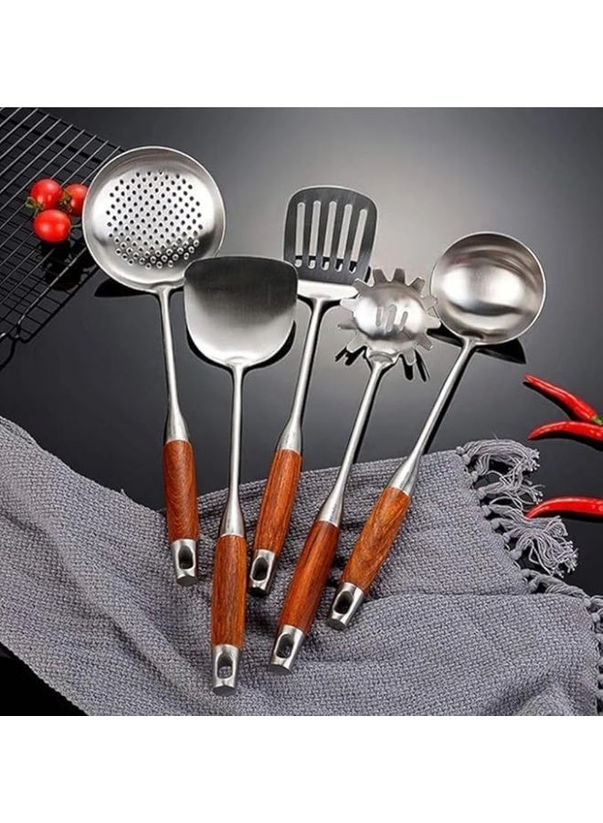 7-Piece Stainless Steel Kitchen Utensil Set with Wooden Handle Stand, 18/10 Material, Rust Resistant. - Image 1