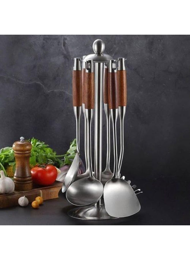 7-Piece Stainless Steel Kitchen Utensil Set with Wooden Handle Stand, 18/10 Material, Rust Resistant. - Image 4
