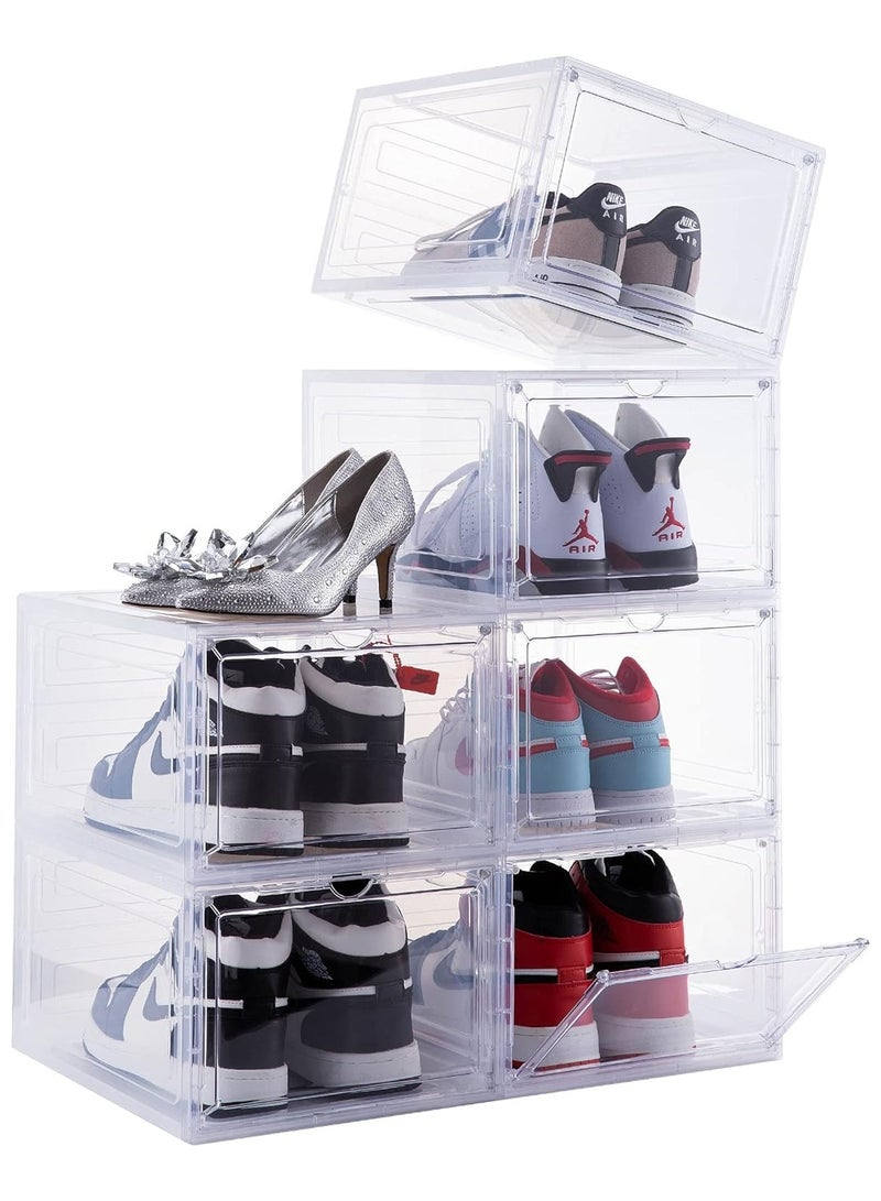 Generic Shoe storage box with magnetic door, 6-pack front open shoe box, transparent plastic foldable shoe storage, stackable shoe boxes for displaying sports shoes, easy to assemble (transparent) 