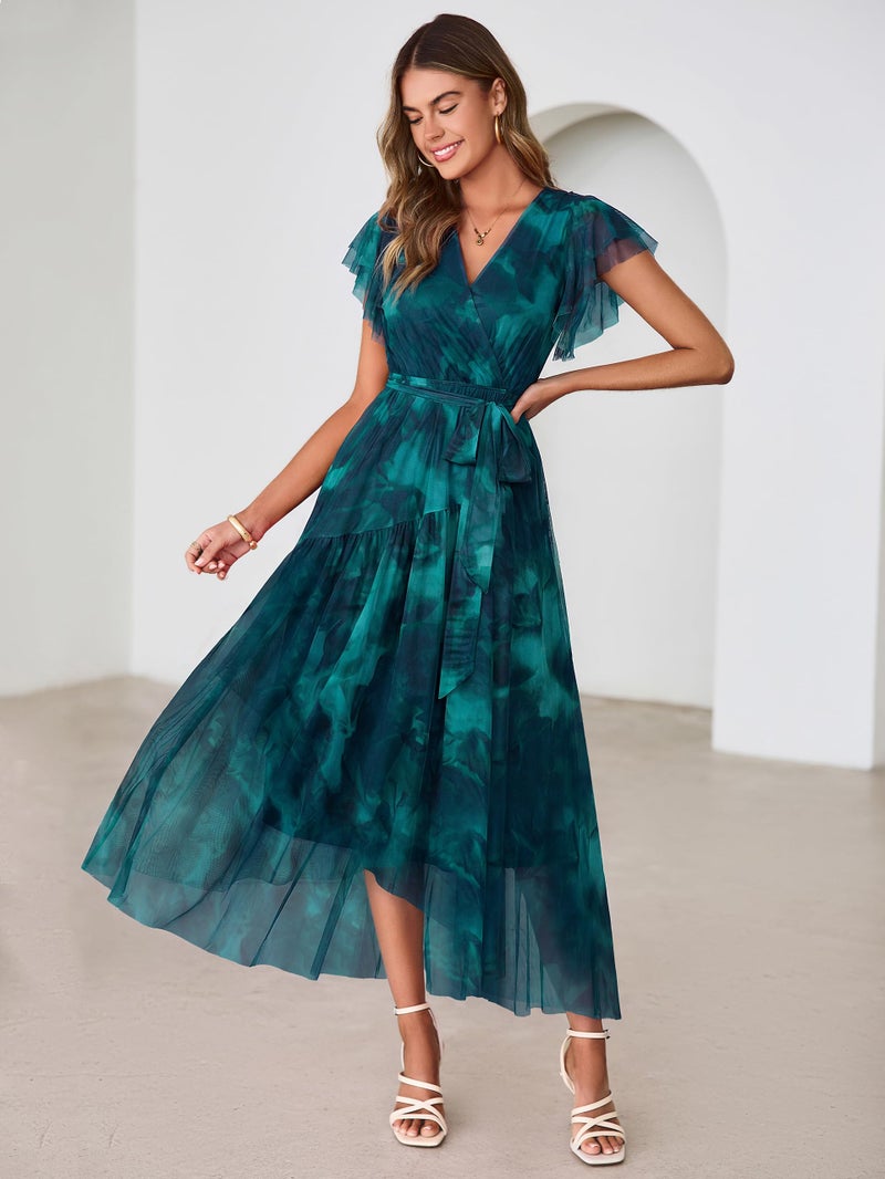 Simplee Womens Summer Floral Boho Maxi Dress 2026 Flutter Sleeve Print Ruffle Mesh Midi Vacation Wedding Guest Dress(Blue L) - Image 5