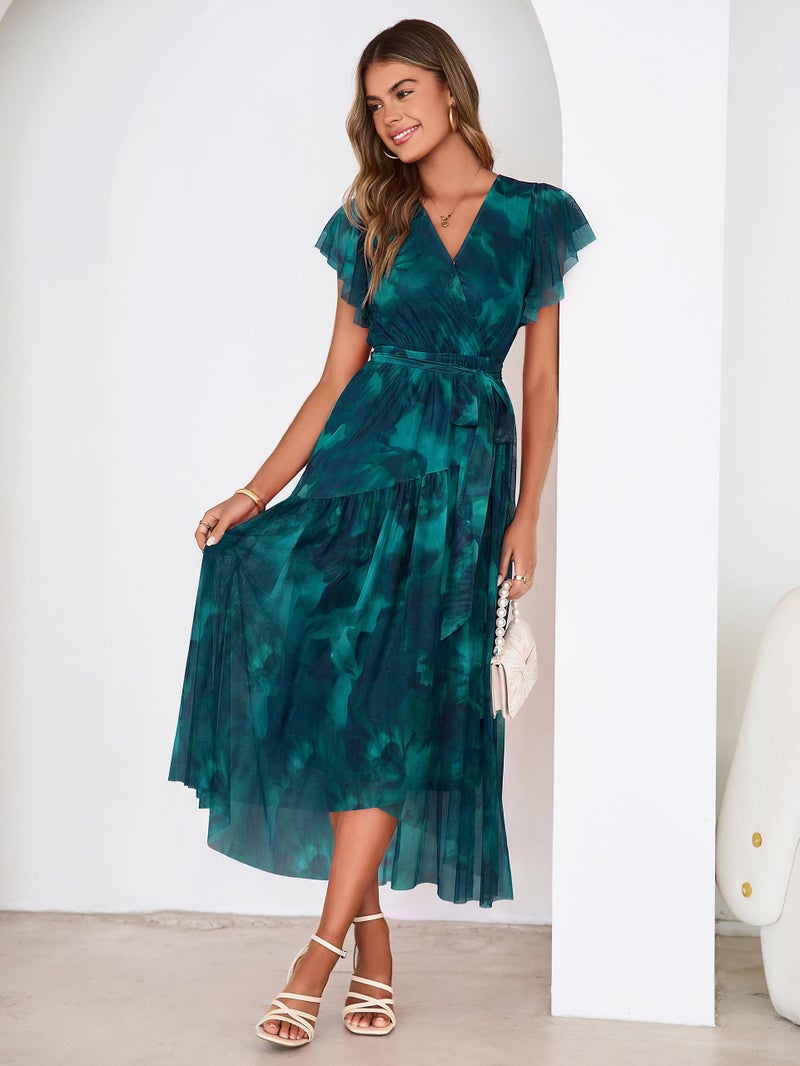 Simplee Womens Summer Floral Boho Maxi Dress 2026 Flutter Sleeve Print Ruffle Mesh Midi Vacation Wedding Guest Dress(Blue L) - Image 4