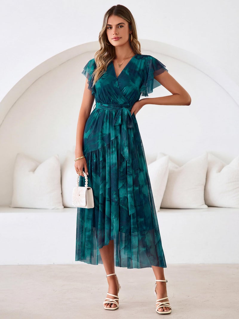 Simplee Womens Summer Floral Boho Maxi Dress 2026 Flutter Sleeve Print Ruffle Mesh Midi Vacation Wedding Guest Dress(Blue L) - Image 2