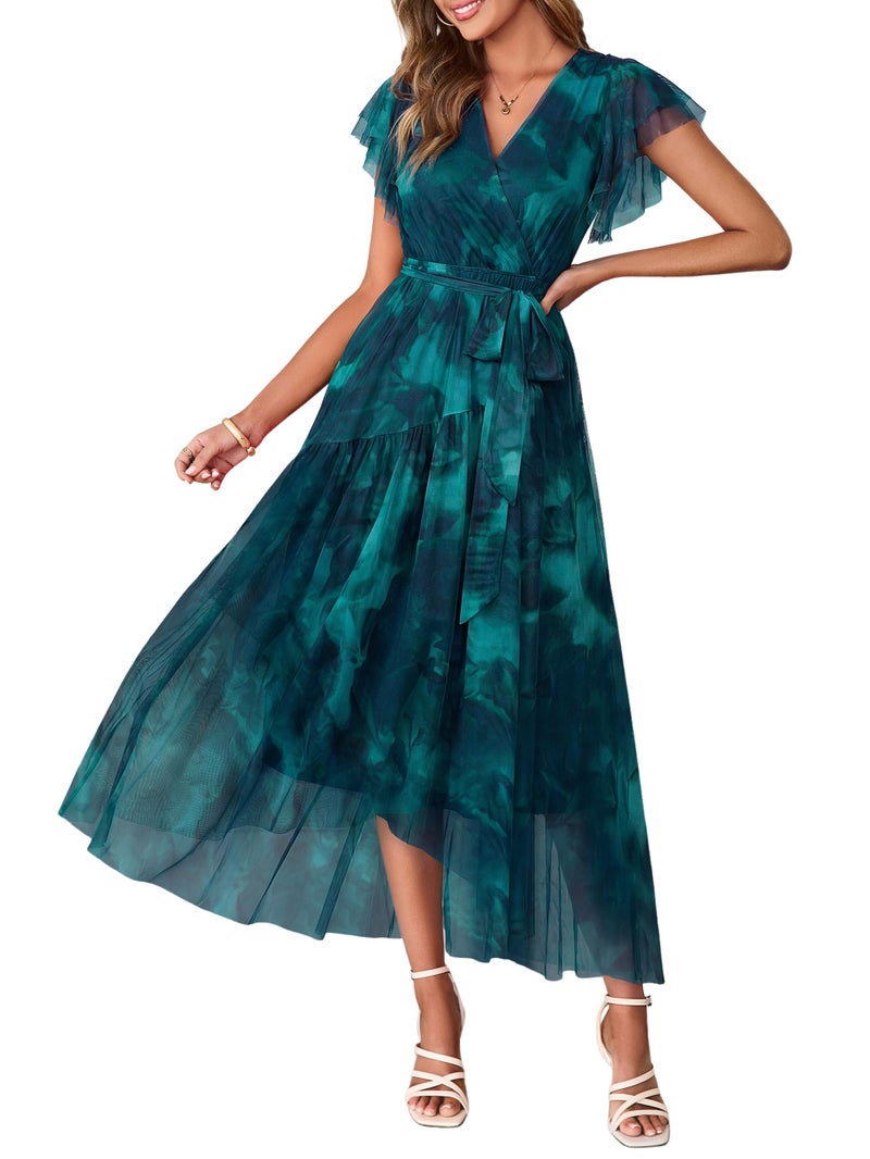 Simplee Womens Summer Floral Boho Maxi Dress 2026 Flutter Sleeve Print Ruffle Mesh Midi Vacation Wedding Guest Dress(Blue L) - Image 1