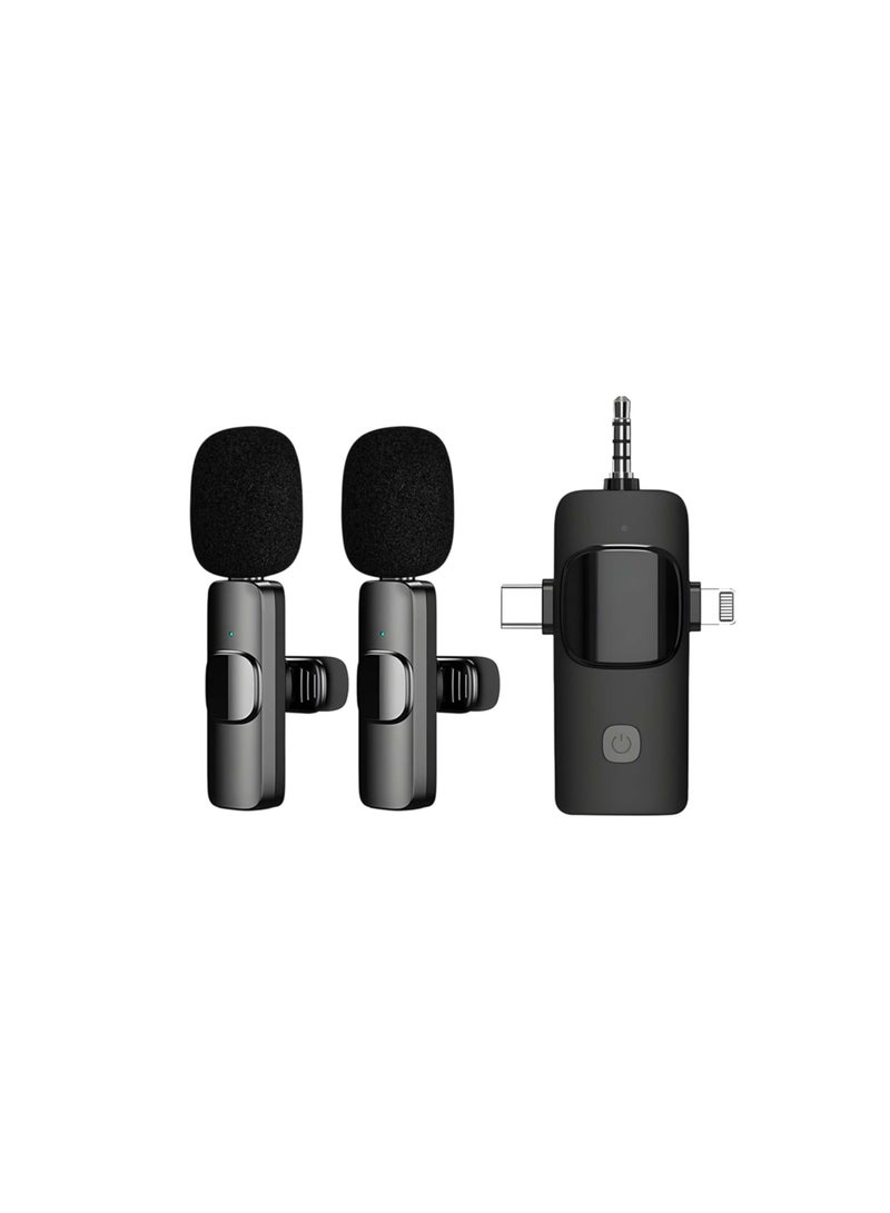 3-in-1 Wireless Lavalier Microphones for Smartphones & Laptops – 2 Pack Mini Clip-On Mics with Noise Reduction for Streaming, Vlogging & TikTok