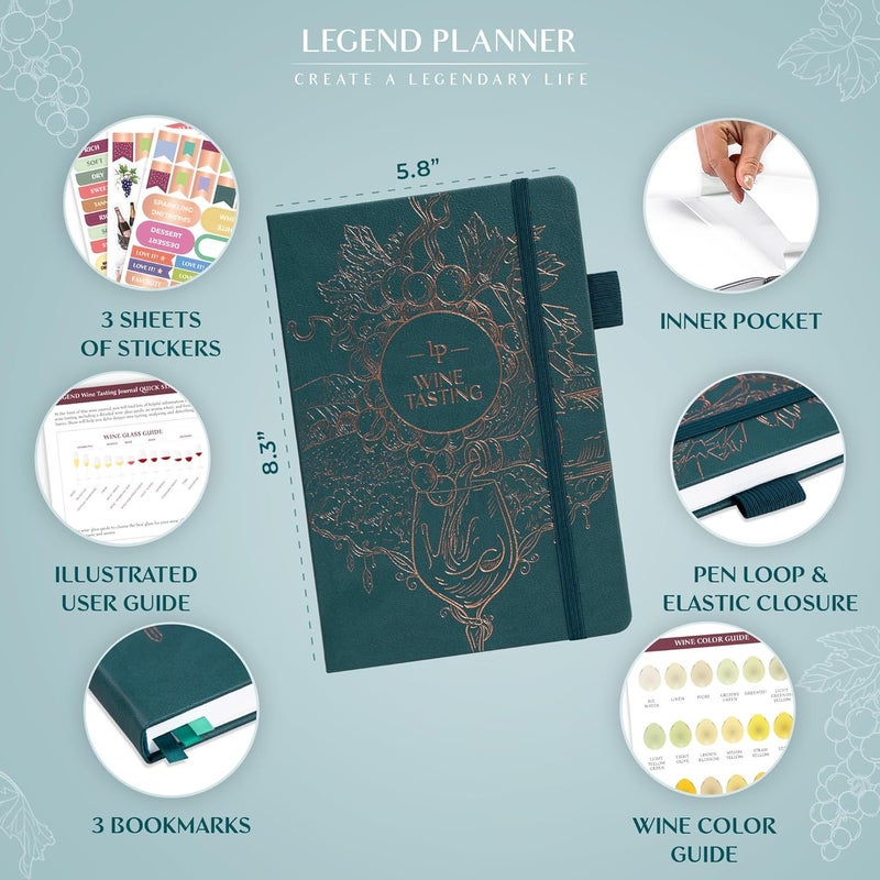 Legend Planner دفتر تذوق النبيذ الأسطوري – دليل النبيذ ومفكرة – ملحقات وهدايا فريدة لعشاق النبيذ، النساء والرجال، دفتر ملاحظات من الجلد البيئي (البحر العميق) - Image 2