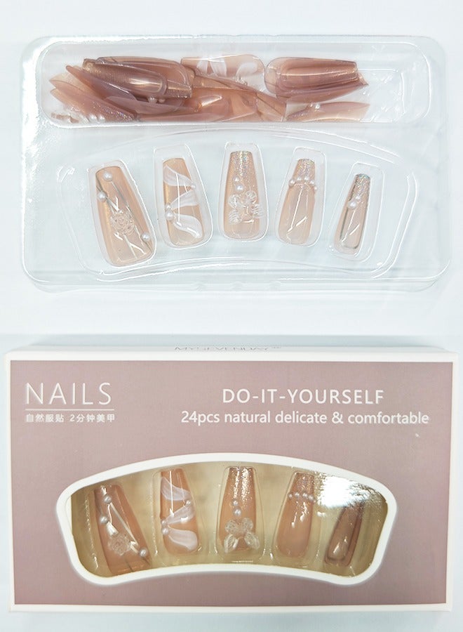 نيبمينينت 24 قطعة أظافر صناعية، أظافر صناعية في علبة، رأس مسطح طويل بلون بشرة موحد لامع، نمط الرسم الزيتي، زهرة الفراشة، شريط أبيض وردي، رقعة أظافر صناعية - Image 2