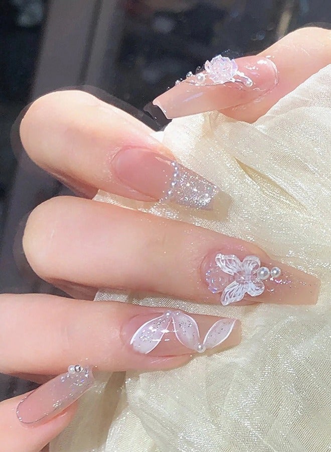 نيبمينينت 24 قطعة أظافر صناعية، أظافر صناعية في علبة، رأس مسطح طويل بلون بشرة موحد لامع، نمط الرسم الزيتي، زهرة الفراشة، شريط أبيض وردي، رقعة أظافر صناعية - Image 1