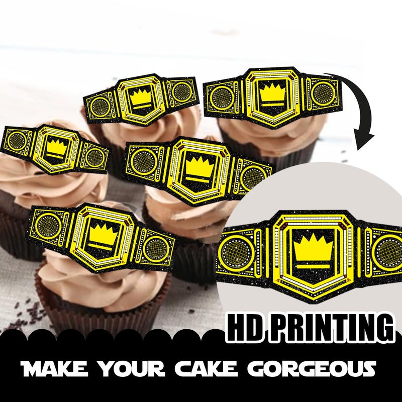 LETLIMIT 18pcs Gold Glitter Championship Ring Dessert Cupcake Topper Wrestling Belt Fitness Sports Theme Decor Supplies Men Boys Happy Birthday Anniversary Party Decorations  - Image 3