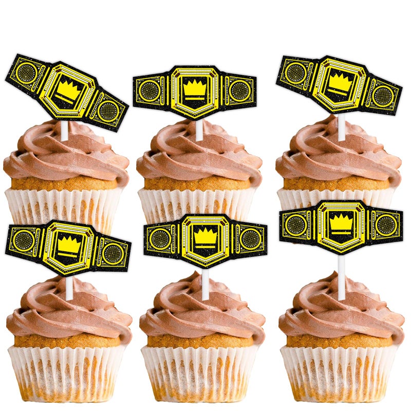 LETLIMIT 18pcs Gold Glitter Championship Ring Dessert Cupcake Topper Wrestling Belt Fitness Sports Theme Decor Supplies Men Boys Happy Birthday Anniversary Party Decorations  - Image 1