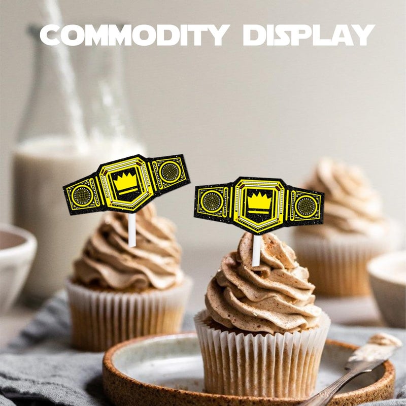 LETLIMIT 18pcs Gold Glitter Championship Ring Dessert Cupcake Topper Wrestling Belt Fitness Sports Theme Decor Supplies Men Boys Happy Birthday Anniversary Party Decorations  - Image 5