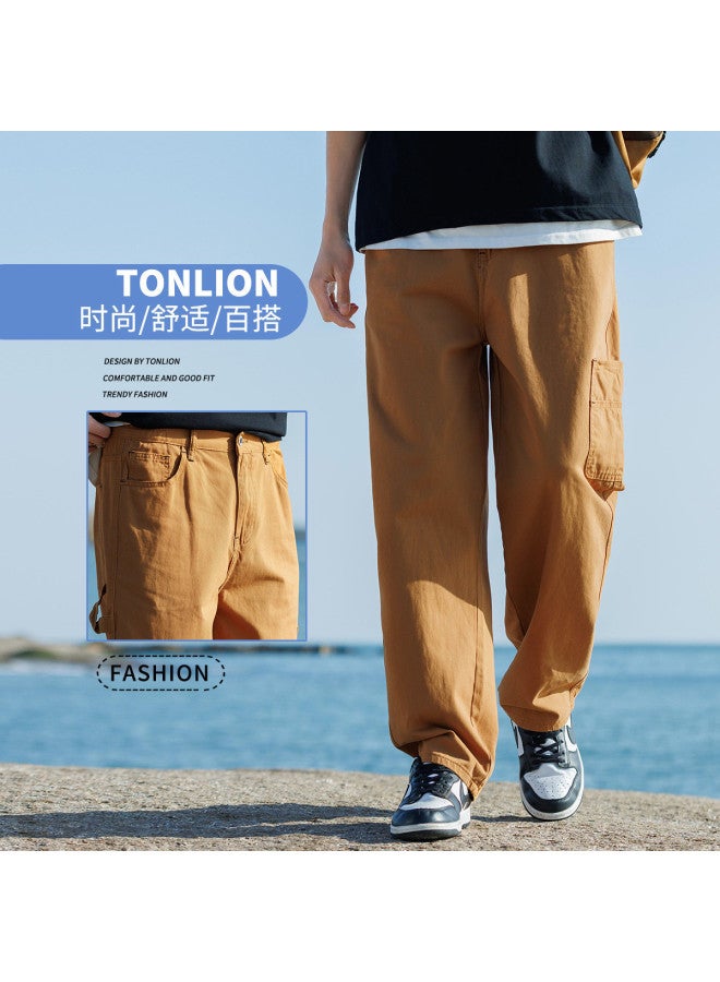 TonLion solid Color Versatile High Street Hip-hop Cargo Straight Leg Jeans Men's Spring Trousers - Image 5