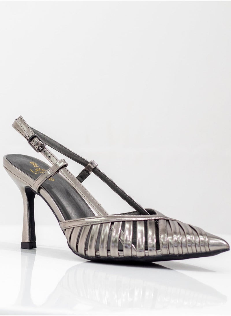 LAMARAPARIS - Slinky closed strippy 6cm heel sling back pewter - Image 1