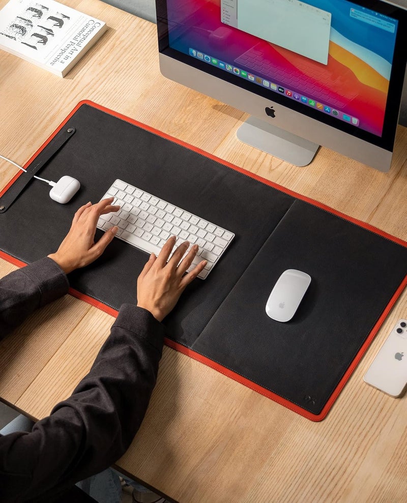 Daily Objects Dart Large Premium Vegan Leather Desktop/Laptop Desk Mat for Work from Home/Office/Gaming | Cable Organiser & Hideway Storage | Extended Mousepad & Water-Resistant - Red - Model - R2 - Image 1