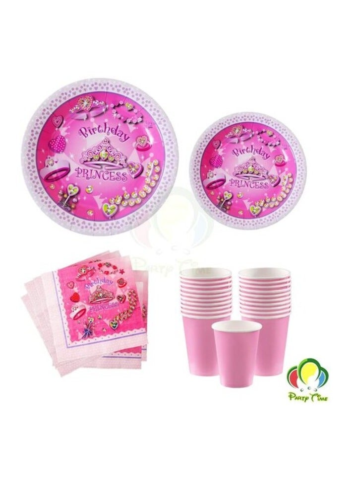 Party Time 48-Pieces Pink Princess Birthday Party Pack 9" Dinner Paper Plates , 7" Dessert Paper Plates, 9 oz Cups, 2 Ply Napkins - Happy Birthday Party Tableware Set - Pink Princes Theme Design