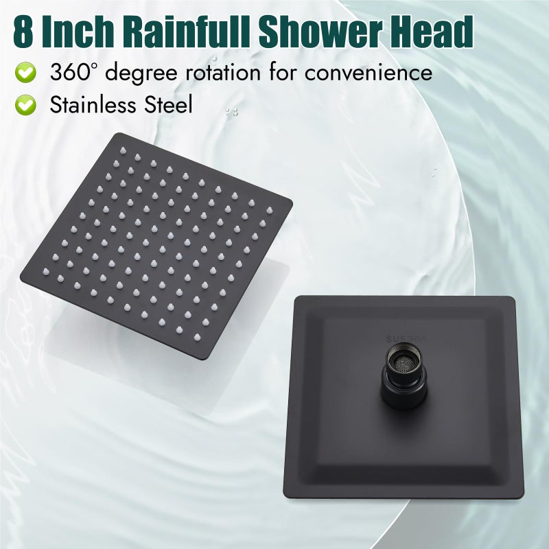 Heyalan 8 Inch Shower Head and Handle Set Square Shower Faucet Set Bathroom Rainfall Shower System Stainless Steel Showerhead Single Function Shower Trim Kit,Female Thread Valve,Matte Black - Image 4