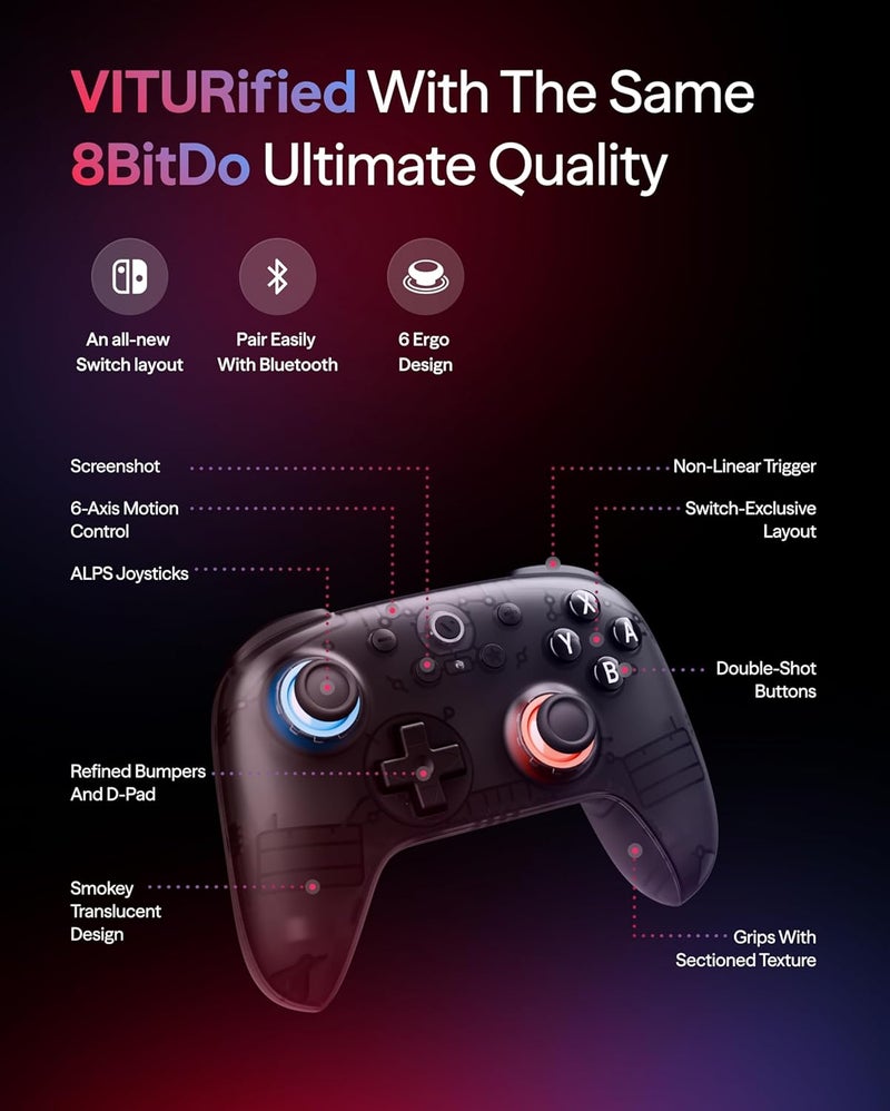 VITURE فيتور × 8BitDo ألتيميت 2C وحدة تحكم ألعاب بلوتوث لـ سويتش وسويتش 2 | تحكم حركي بستة محاور | عصي تحكم بتأثير هول | اهتزاز رامبل | وظيفة توربو | إيقاظ بالهز | شفاف دخاني - Image 3