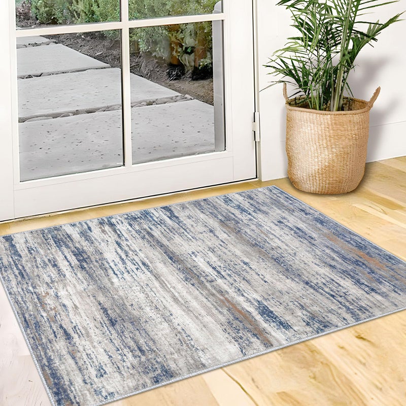 KOZYFLY Modern Abstract Rugs for Entryway 2x3  Washable Kitchen Rug Non-Slip Soft Small Bathroom Rug  Grey-Blue Striped Entryway Rugs Abstract Faux Wool Doormat for Bedside Entrance Bedroom Sink - Image 1