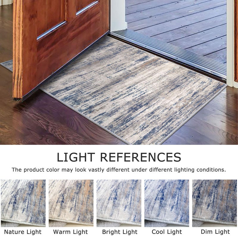 KOZYFLY Modern Abstract Rugs for Entryway 2x3  Washable Kitchen Rug Non-Slip Soft Small Bathroom Rug  Grey-Blue Striped Entryway Rugs Abstract Faux Wool Doormat for Bedside Entrance Bedroom Sink - Image 3