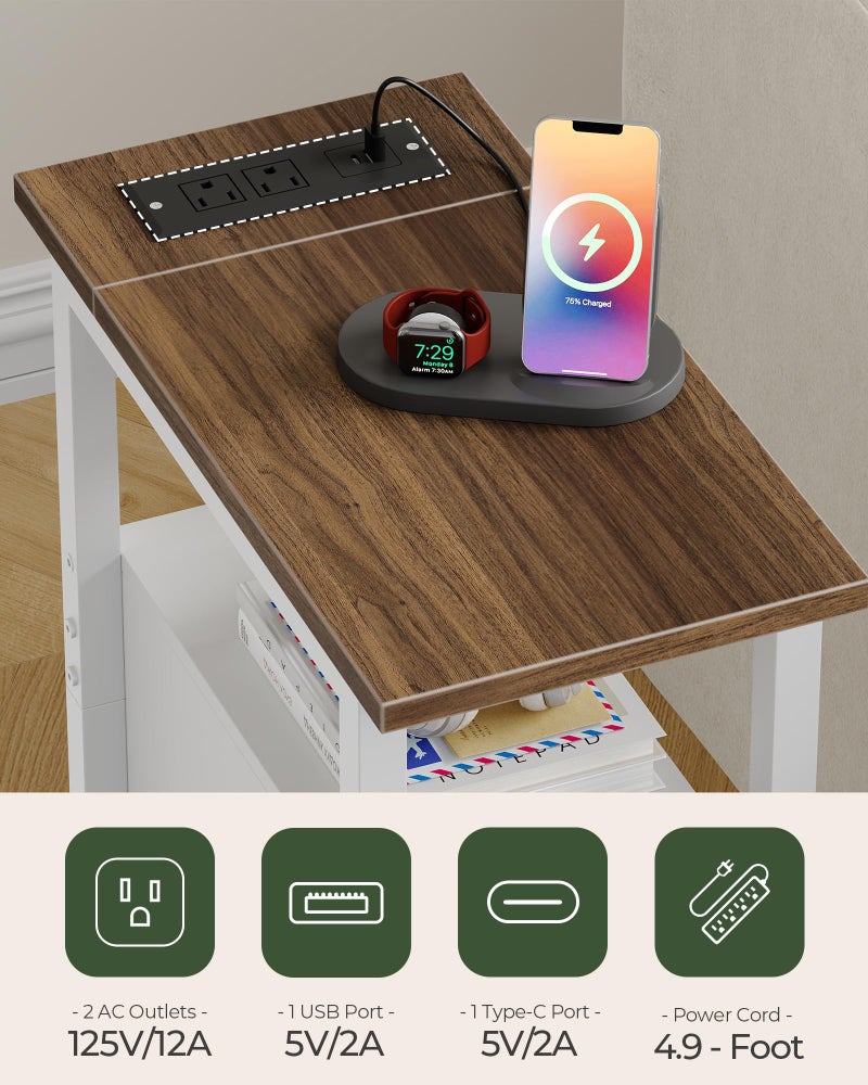 CHOEZON Farmhouse End Table, Narrow Side Table for Small Spaces, Slim Nightstand with Charging Station, with 2 AC Outlets, 1 USB and 1 Type-C Port, for Living Room, Bedroom, White TBZ08UWL - Image 4