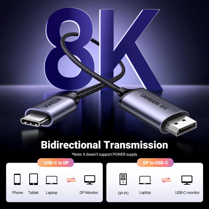 UGREEN Bidirectional USB C to DisplayPort 1.4 Cable 8K@60Hz 4K@240Hz DisplayPort to USB C Thunderbolt 4 Cord Alu Braided Compatible iPhone 17 Pro Max, Galaxy S25, MacBook Pro/Air, iPad, XPS 17, 6.6FT - Image 2