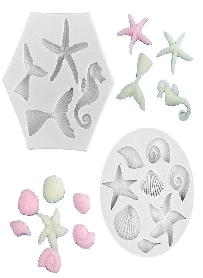 Ysqool 2Pcs Mermaid Chocolate Molds Silicone, Marine Theme Fondant Molds,Mermaid Tail, Seashell, Starfish, Seahorse, Conch Mermaid Molds for DIY Crafts Baking Candy Polymer Clay Soap & Cake Decoration - Image 1
