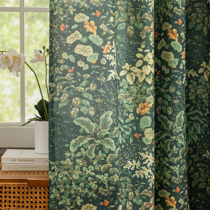 FINECITY Green Floral Curtains 84 Inches Long 2 Panels Vintage Cottagecore Botanical Curtains for Living Room, Grommet Privacy Semi-Sheer Linen Drapes Hunter Green Leaf Pattern Country Curtain, 50 x 84 Inch - Image 1