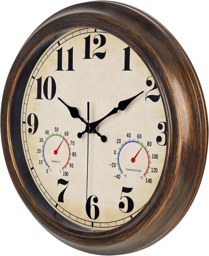 45MinST 13-Inch Vintage Outdoor Wall Clock with Thermometer and Hygrometer, Waterproof, Large Numbers, Silent, for Indoor and Outside Use,Porch,Garden,Pool(Bronze) - Image 2