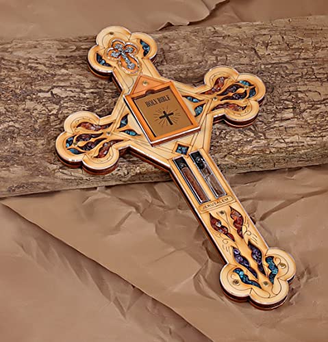 KARMA AND LUCK Ultimate Believer Multistone Healing Crystals Cross Holy Water Bible Symbols Protection Wooden Wall Blessing Plaque Bring Calm Peace Multicolor 11 Height - Image 3