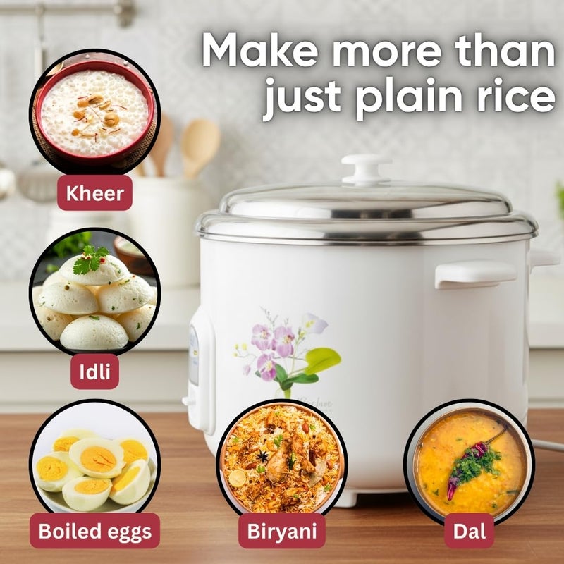 EASY Electric Rice Cooker, 2.8 Liter Capacity With 2 Cooking Stainless Steel Pans And Electric Rice Cooker With Auto Warm Function - 1000W, Stainless Steel Lid, White & Floral Design - Image 4