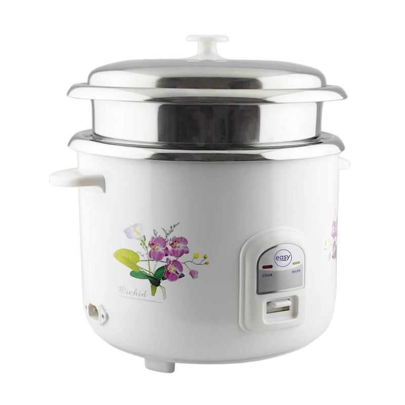 EASY Electric Rice Cooker, 2.8 Liter Capacity With 2 Cooking Stainless Steel Pans And Electric Rice Cooker With Auto Warm Function - 1000W, Stainless Steel Lid, White & Floral Design - Image 1
