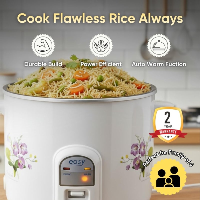 EASY Electric Rice Cooker, 2.8 Liter Capacity With 2 Cooking Stainless Steel Pans And Electric Rice Cooker With Auto Warm Function - 1000W, Stainless Steel Lid, White & Floral Design - Image 5
