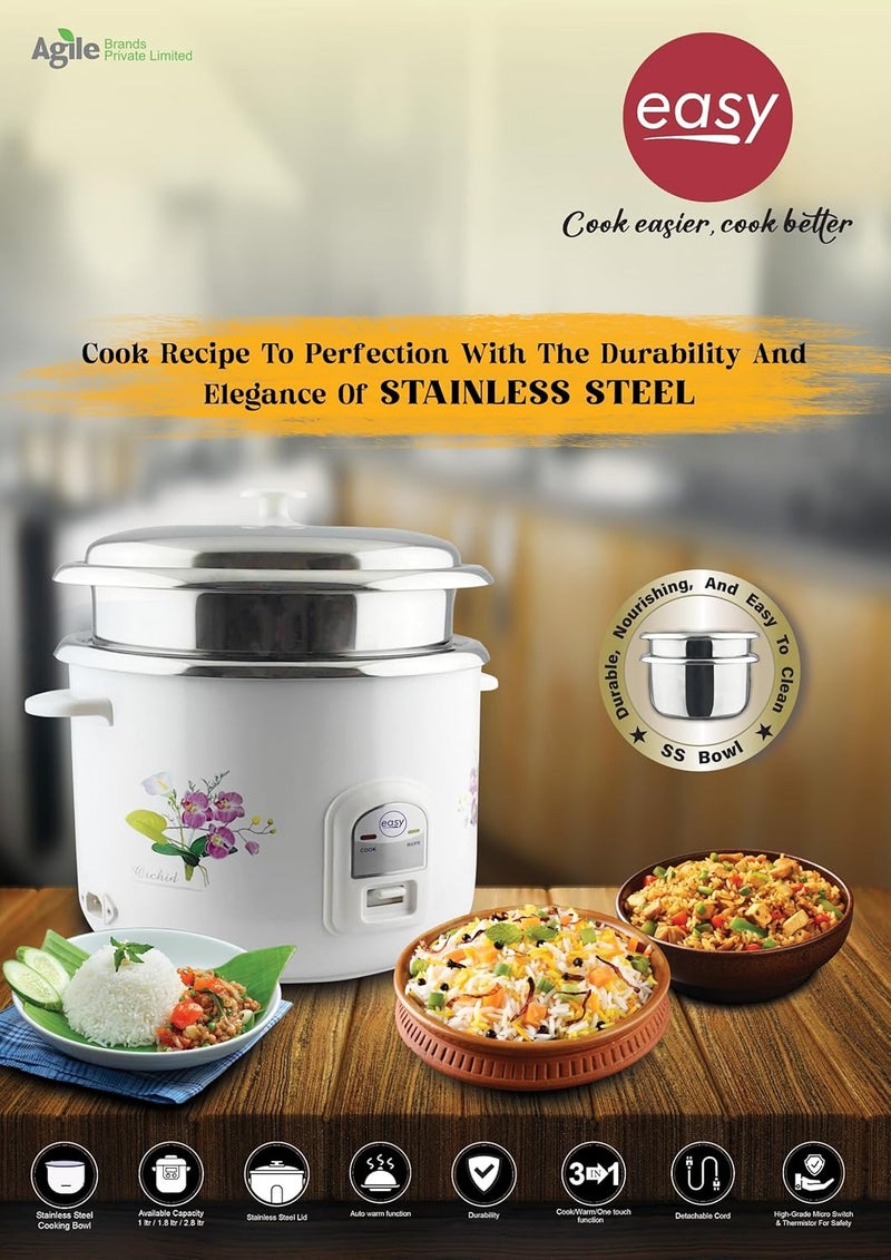 EASY Electric Rice Cooker, 2.8 Liter Capacity With 2 Cooking Stainless Steel Pans And Electric Rice Cooker With Auto Warm Function - 1000W, Stainless Steel Lid, White & Floral Design - Image 3