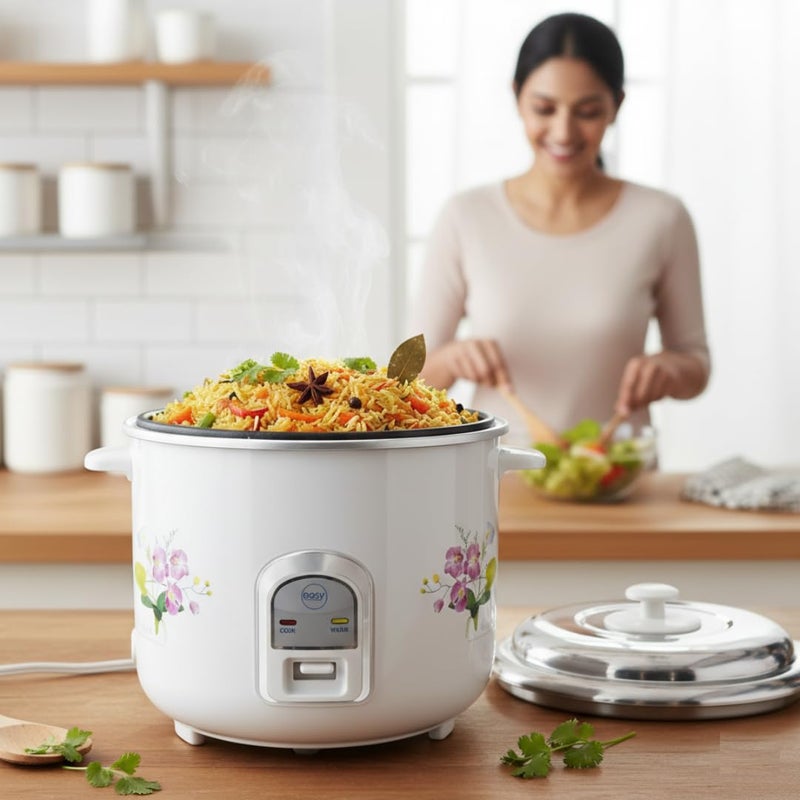 EASY Electric Rice Cooker, 2.8 Liter Capacity With 2 Cooking Stainless Steel Pans And Electric Rice Cooker With Auto Warm Function - 1000W, Stainless Steel Lid, White & Floral Design - Image 2