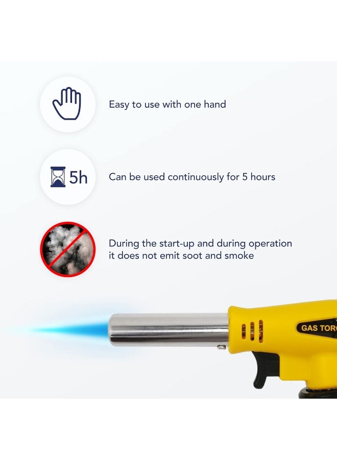 SAHARI Gas Torch Burner with Auto Ignition Lighter OGT-007, Portable Adjustable Butane Blow Torch for BBQ Cooking Baking Camping Welding and Kitchen Use, Yellow/Black - Image 2
