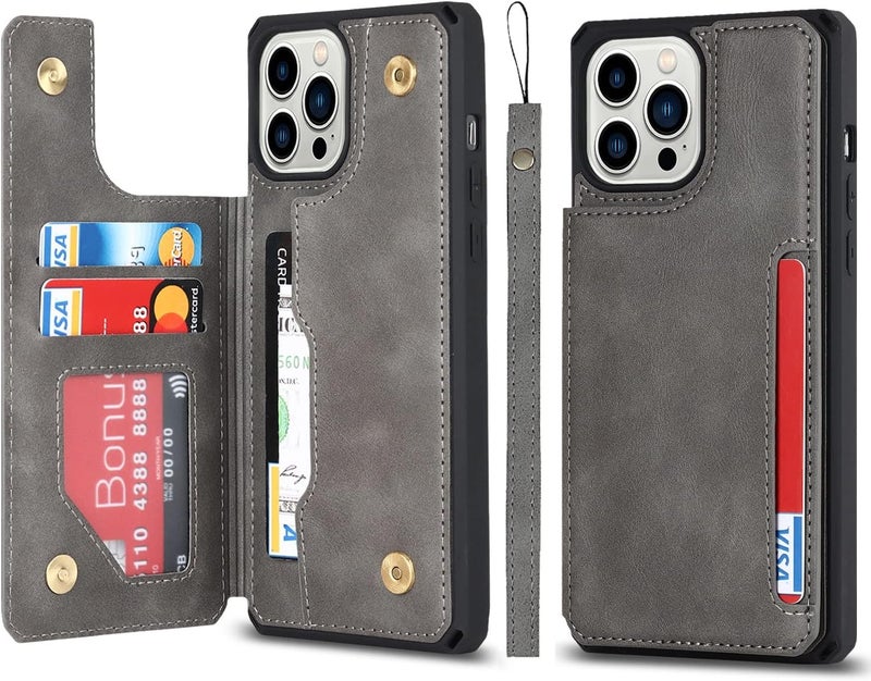 iCoverCase for iPhone 11 Pro Max Case, Wallet Card Holder Case Card Slots Wrist Strap PU Leather Flip Shockproof Cover for iPhone 11 Pro Max - Gray - Image 1