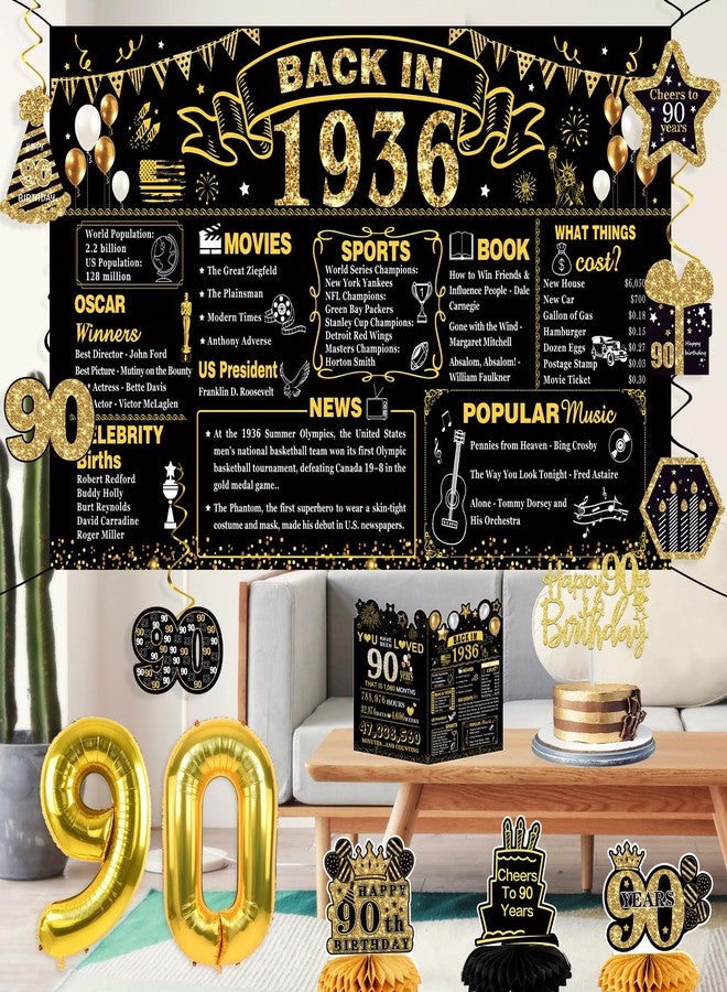 Juesly 90th Birthday Decorations for Men Women,24PCS 1934 Banner Decorations,Including 1934 Banner,6 Honeycomb Topper,90 Balloons,Anniversary Card,Cheers to 90 Years Banner,7 Hanging Swirl,6 Paper Poms,Sash - Image 3