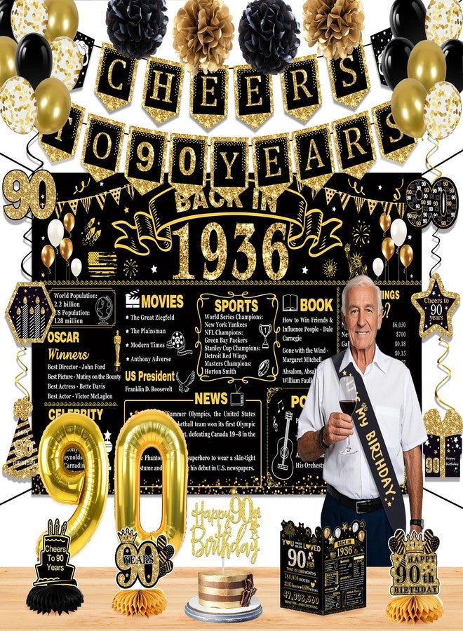 Juesly 90th Birthday Decorations for Men Women,24PCS 1934 Banner Decorations,Including 1934 Banner,6 Honeycomb Topper,90 Balloons,Anniversary Card,Cheers to 90 Years Banner,7 Hanging Swirl,6 Paper Poms,Sash - Image 1