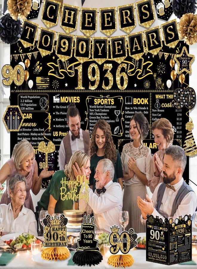 Juesly 90th Birthday Decorations for Men Women,24PCS 1934 Banner Decorations,Including 1934 Banner,6 Honeycomb Topper,90 Balloons,Anniversary Card,Cheers to 90 Years Banner,7 Hanging Swirl,6 Paper Poms,Sash - Image 4