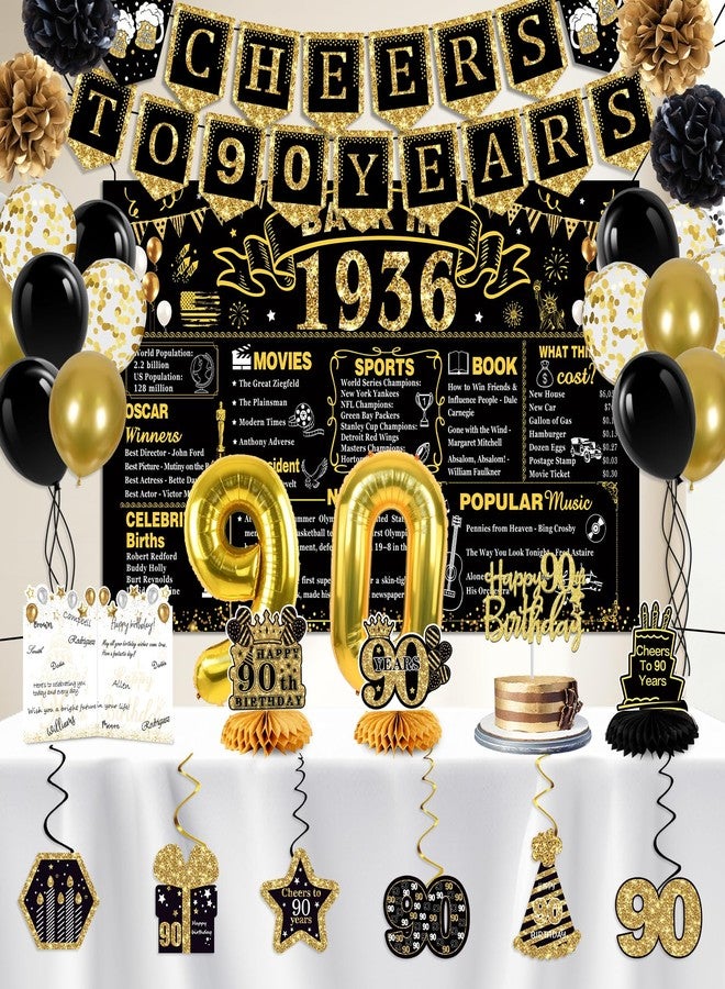 Juesly 90th Birthday Decorations for Men Women,24PCS 1934 Banner Decorations,Including 1934 Banner,6 Honeycomb Topper,90 Balloons,Anniversary Card,Cheers to 90 Years Banner,7 Hanging Swirl,6 Paper Poms,Sash - Image 2