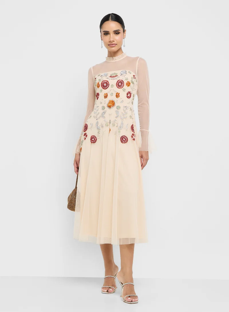 فروك اند فرل Printed Mesh Detail Midi Dress