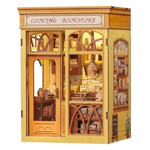 Cutefun Book Nook Kit DIY Miniature Dollhouse Kit 3D Creative Decorative Bookend 3D Wooden Puzzle for Adults Bookshelf Insert Library Decor with LED Light Cooking Bookstore - Image 1